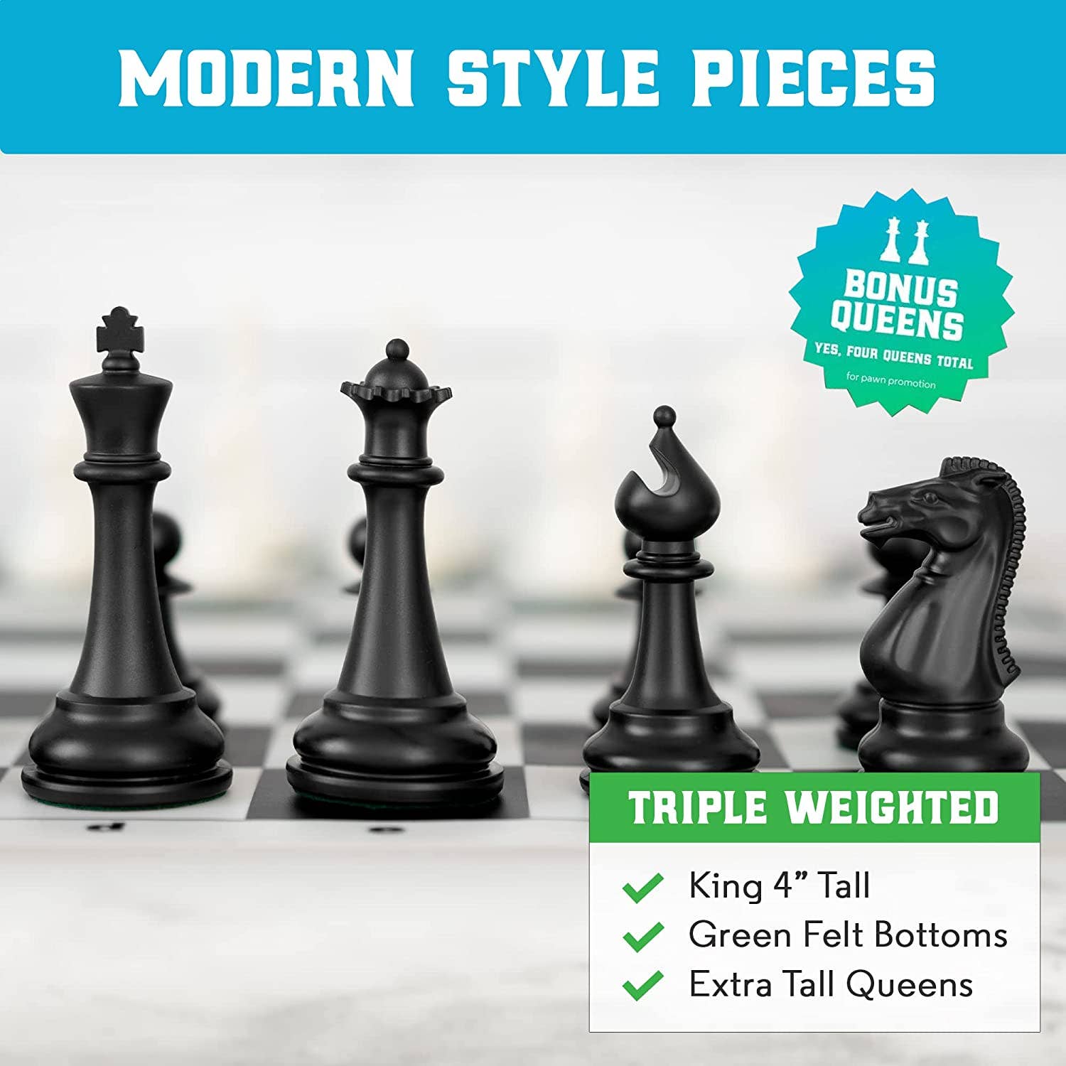 Weighted chess pieces on the Best Chess Set Ever 3x Tournament Set double-sided silicone board with tall queens.