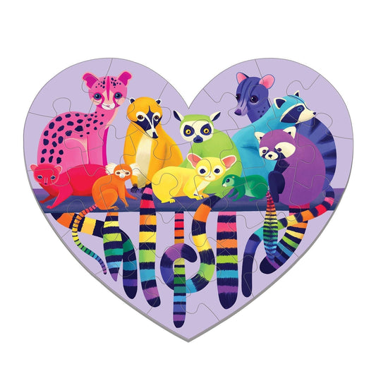 Love in the Wild 24 Piece Shaped Mini Puzzle by Mudpuppy, heart-shaped with cartoon jungle animals.