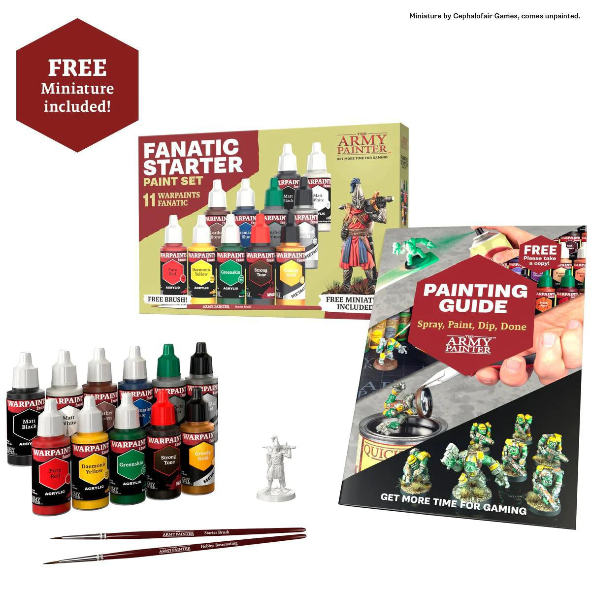 The Warpaints Fanatic: Starter Set with paint bottles, brushes, painting guide, and miniatures kit.