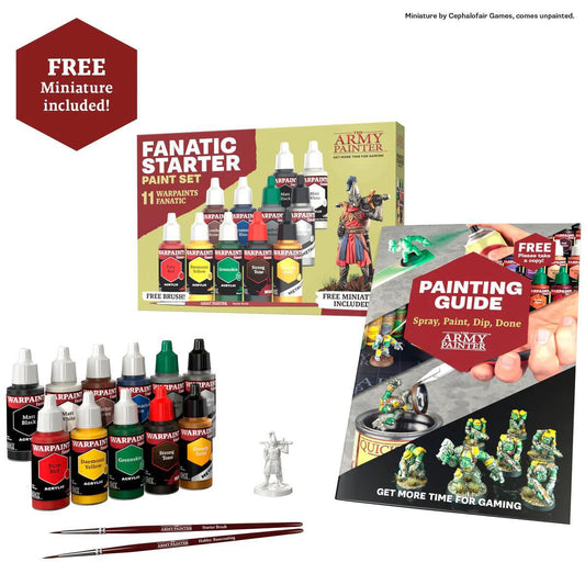 The Warpaints Fanatic: Starter Set with paint bottles, brushes, painting guide, and miniatures kit.