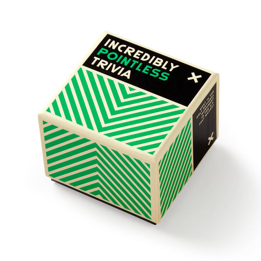 Incredibly Pointless Trivia cube box containing trivia questions with green geometric patterns on the packaging.