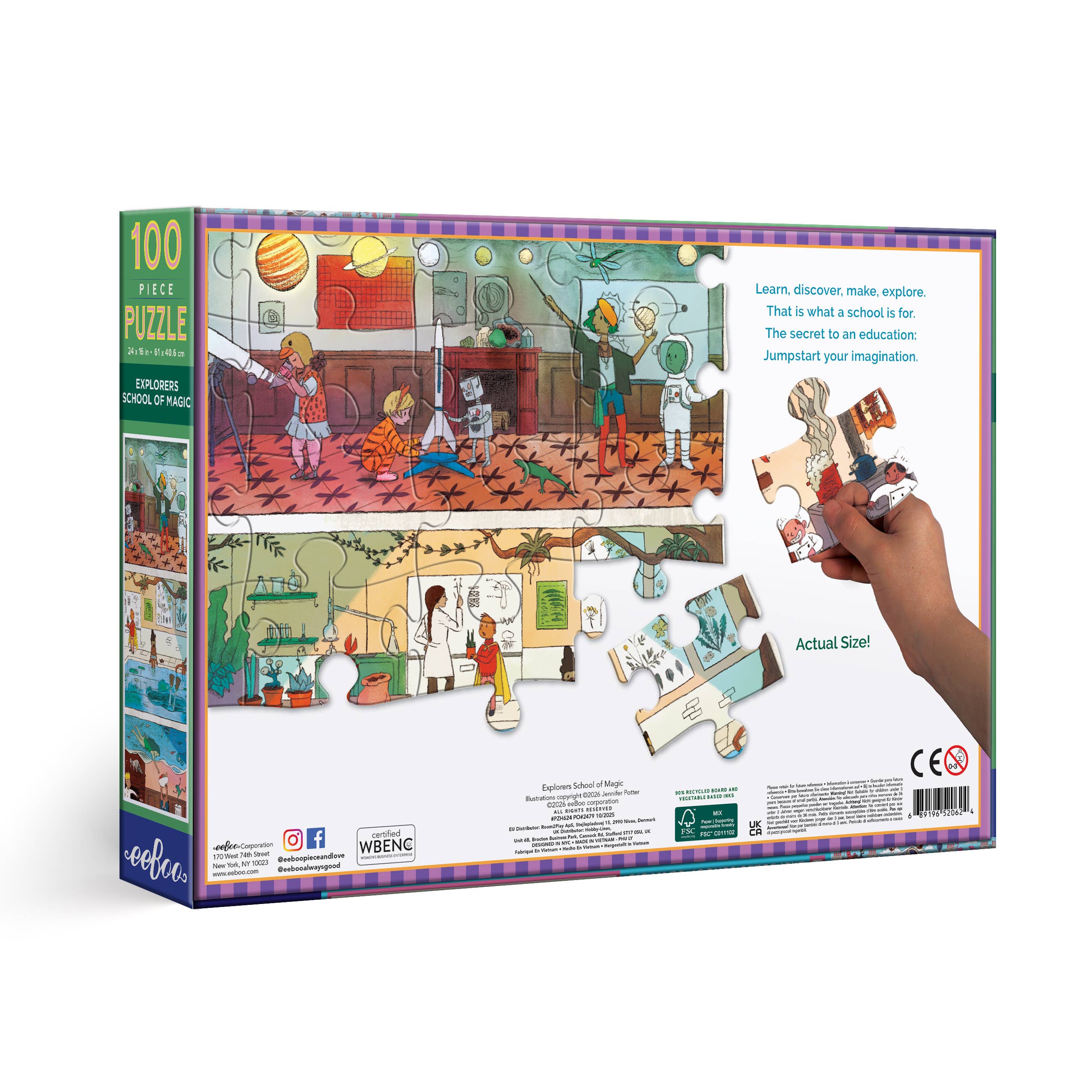 The Explorers School of Magic 100 Piece Puzzle box back with a hand placing a puzzle piece.
