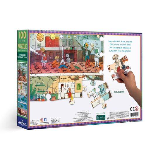 The Explorers School of Magic 100 Piece Puzzle box back with a hand placing a puzzle piece.