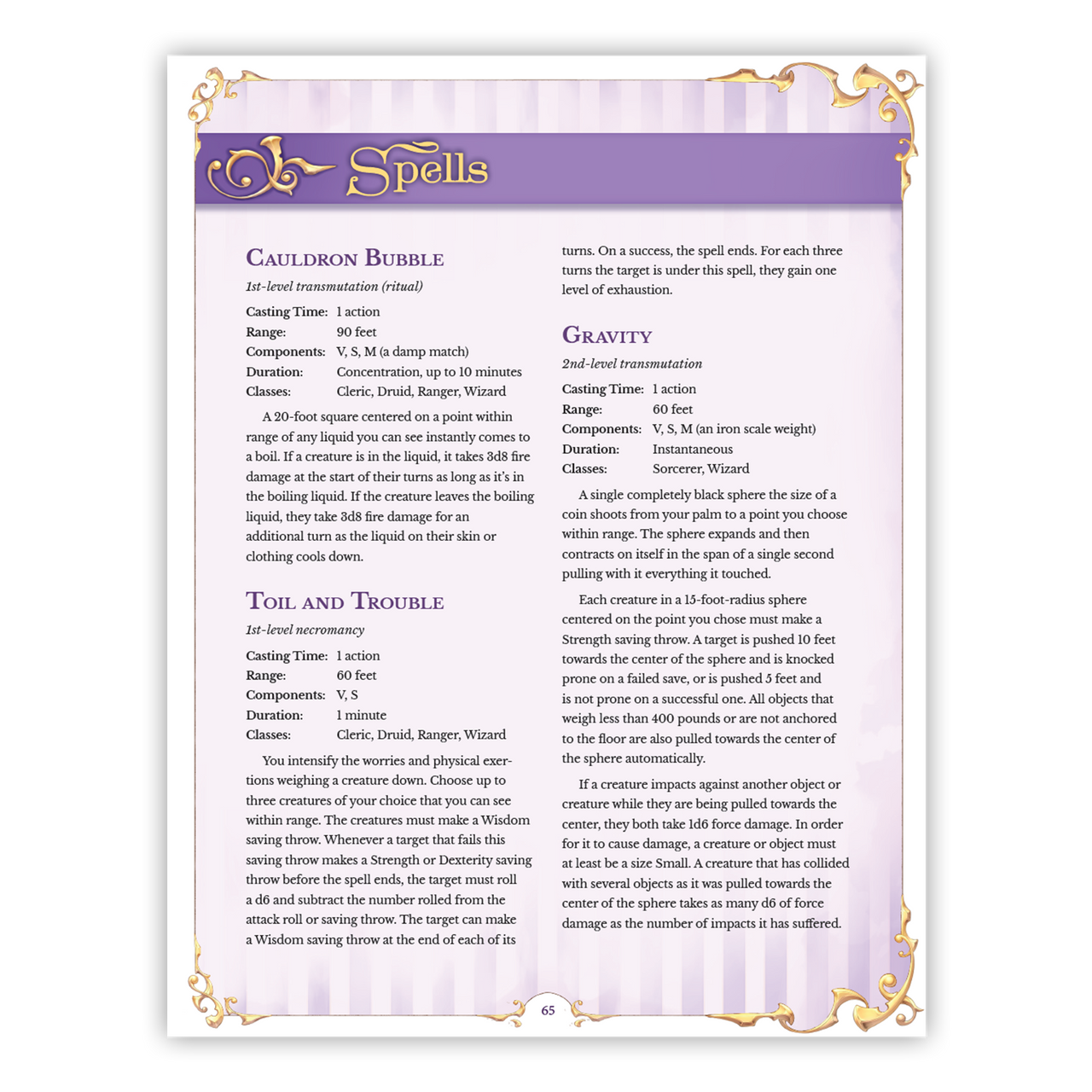 Hexbound: A Witchy Supplement 5e D&D page featuring witch subclasses, Cauldron Bubble and Gravity spells.