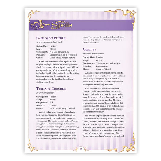 Hexbound: A Witchy Supplement 5e D&D page featuring witch subclasses, Cauldron Bubble and Gravity spells.