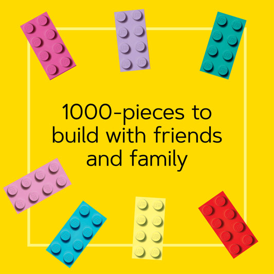 LEGO Minifigure Rainbow 1000-Piece Puzzle with six colorful toy bricks on a yellow background.
