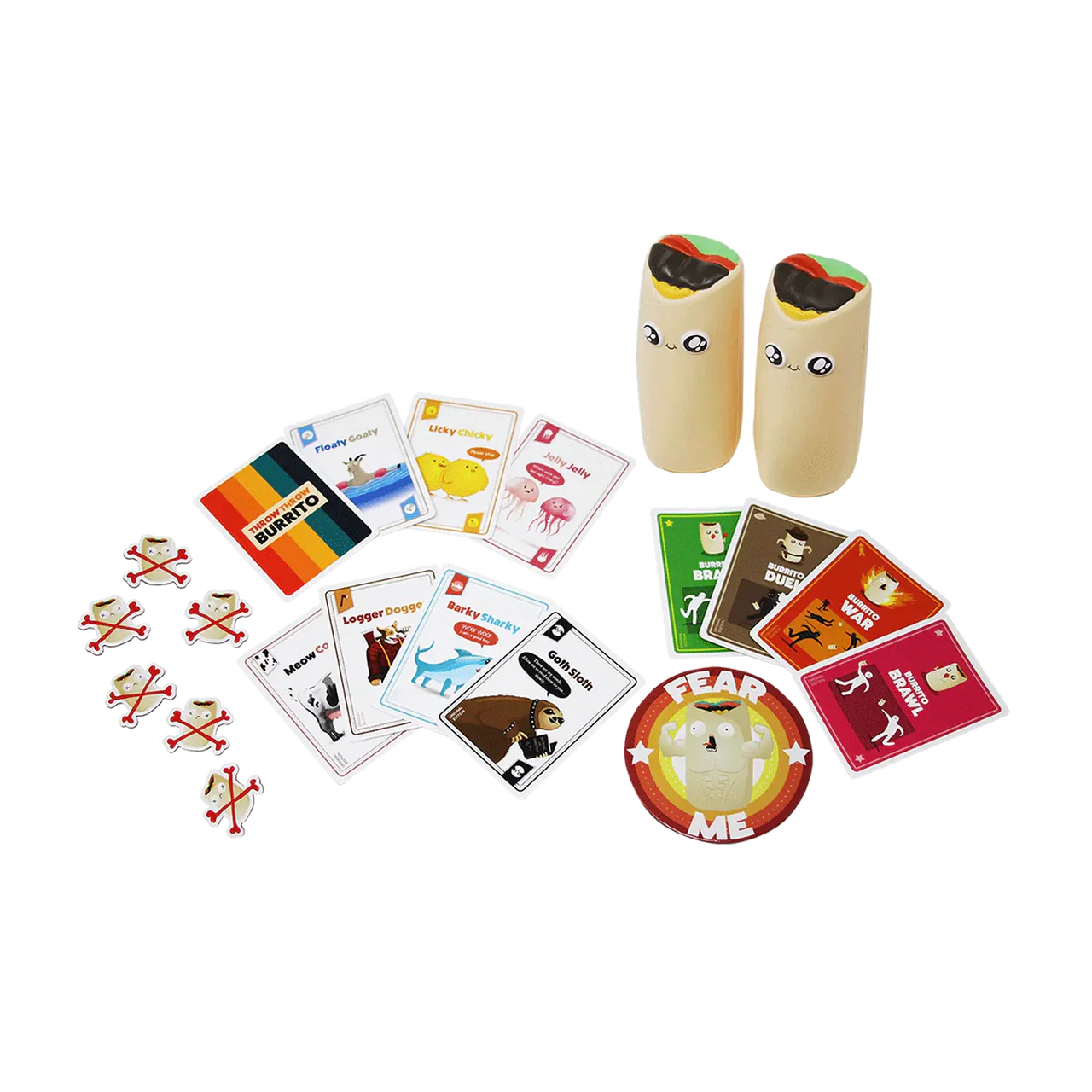 Throw Throw Burrito game set with two burritos, cards, tokens, and a Fear Me badge on a white surface.