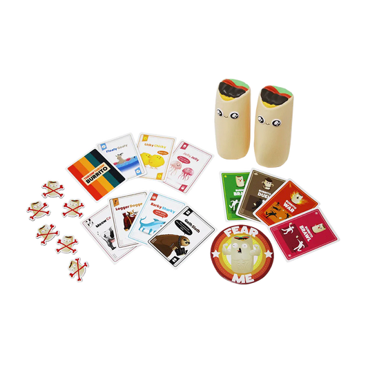 Throw Throw Burrito game set with two burritos, cards, tokens, and a Fear Me badge on a white surface.