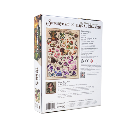 The Field Guide To Floral Dragons 1000-piece puzzle featuring flower dragon art by Kin Wald; info on back.