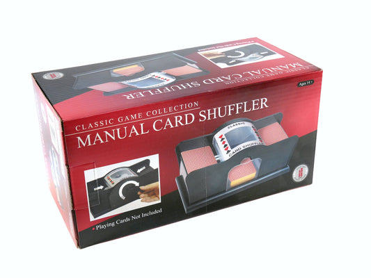Manual card shuffler with playing cards, shown in packaging displaying product images.