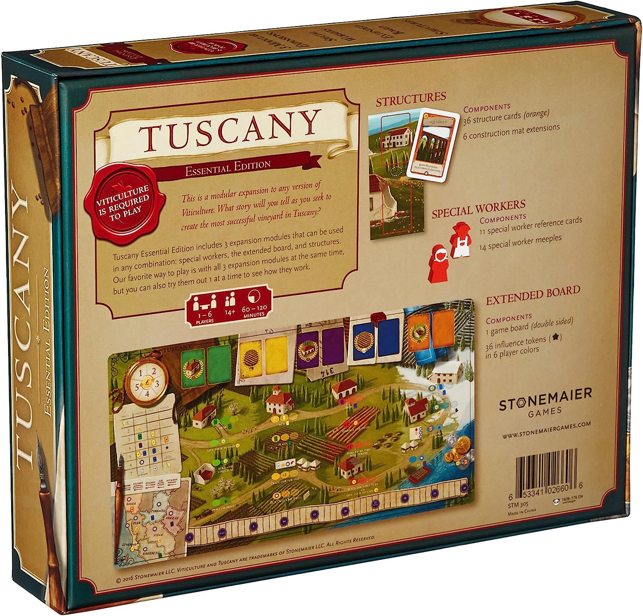 Back of Tuscany Essential Edition Viticulture Expansion box with components and strategy board setup displayed.
