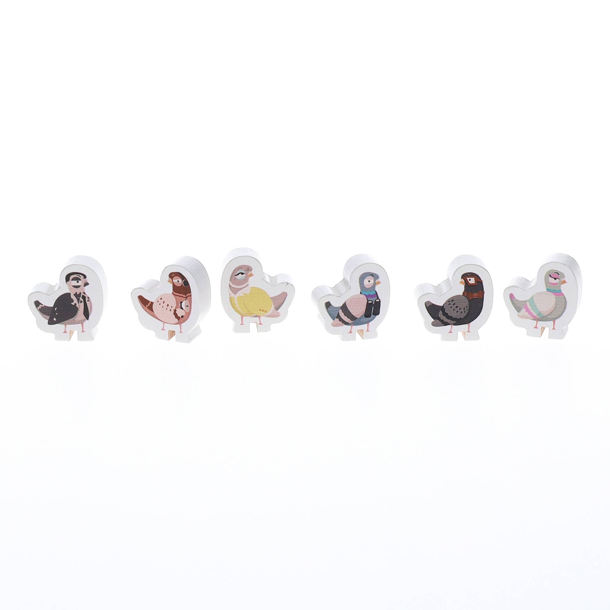 Five uniquely colored and patterned It Flies, It Spies bird figures by Ridley’s Games displayed in a row.
