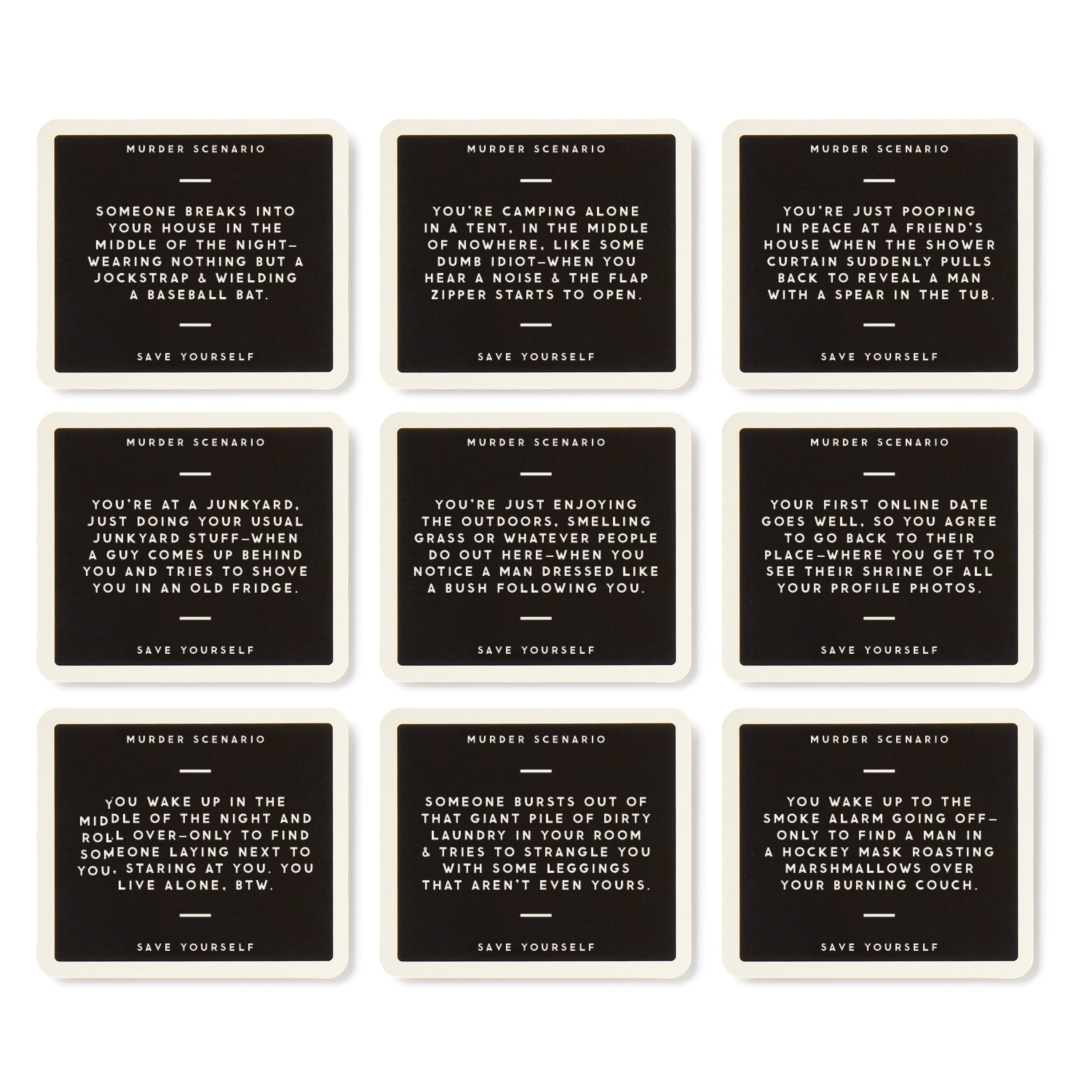 Nine black cards with white text from the Brass Monkey Not Today, Murder Game, showing humorous murder scenes.