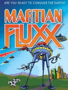 Martian Fluxx game box featuring a UFO with robot legs over a futuristic city.