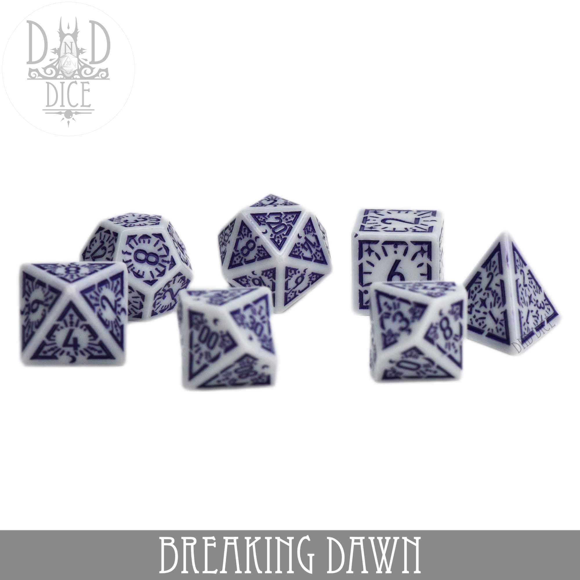 Breaking Dawn 7-piece blue and white acrylic DND dice set with ornate designs.