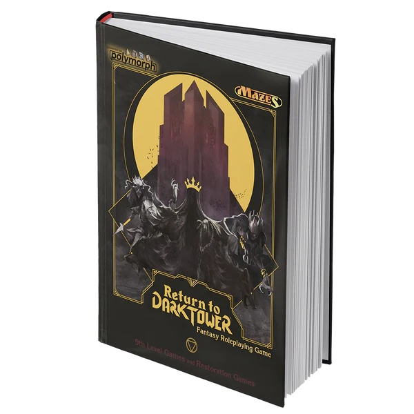 Hardcover Return to Dark Tower Fantasy Roleplaying book with black cover, yellow tower, and crowned wolves.