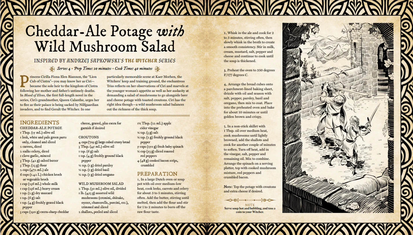 Recipe page from Cooking for Wizards, Warriors, Dragons featuring Cheddar-Ale Potage with Wild Mushroom Salad illustration.