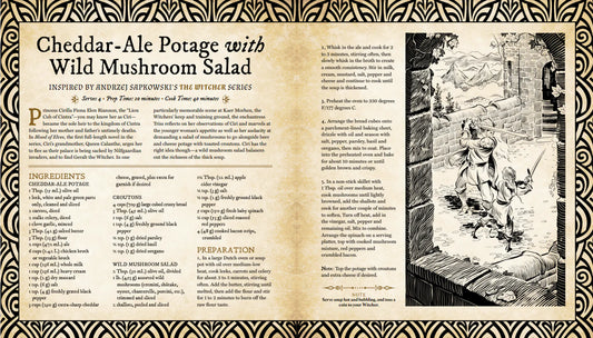 Recipe page from Cooking for Wizards, Warriors, Dragons featuring Cheddar-Ale Potage with Wild Mushroom Salad illustration.