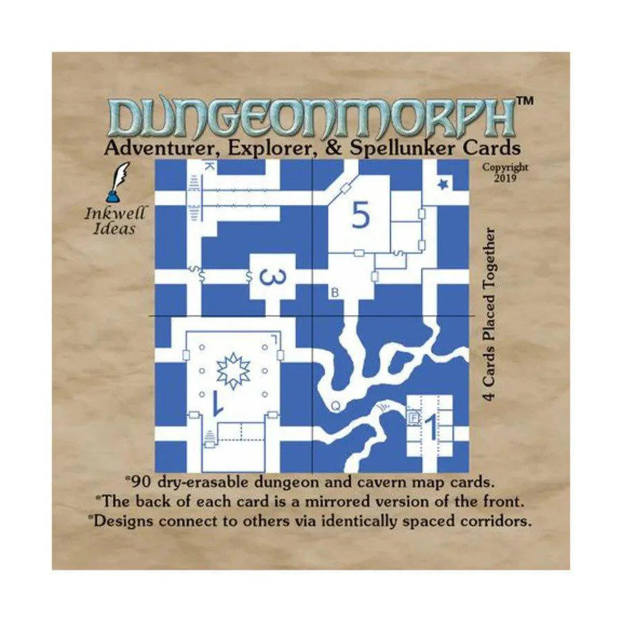 DungeonMorph Cards Adventurer, Explorer, and Spellunker sets with modular blue and white cavern maps for dice games.