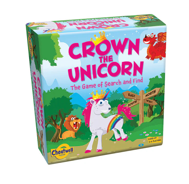 Crown the Unicorn board game box for 2–6 players, featuring a unicorn, lion, and dragon on the cover.
