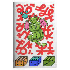 Adventure Game in Need of Translation pamphlet with green winged creature, dice, and red symbols on cover.