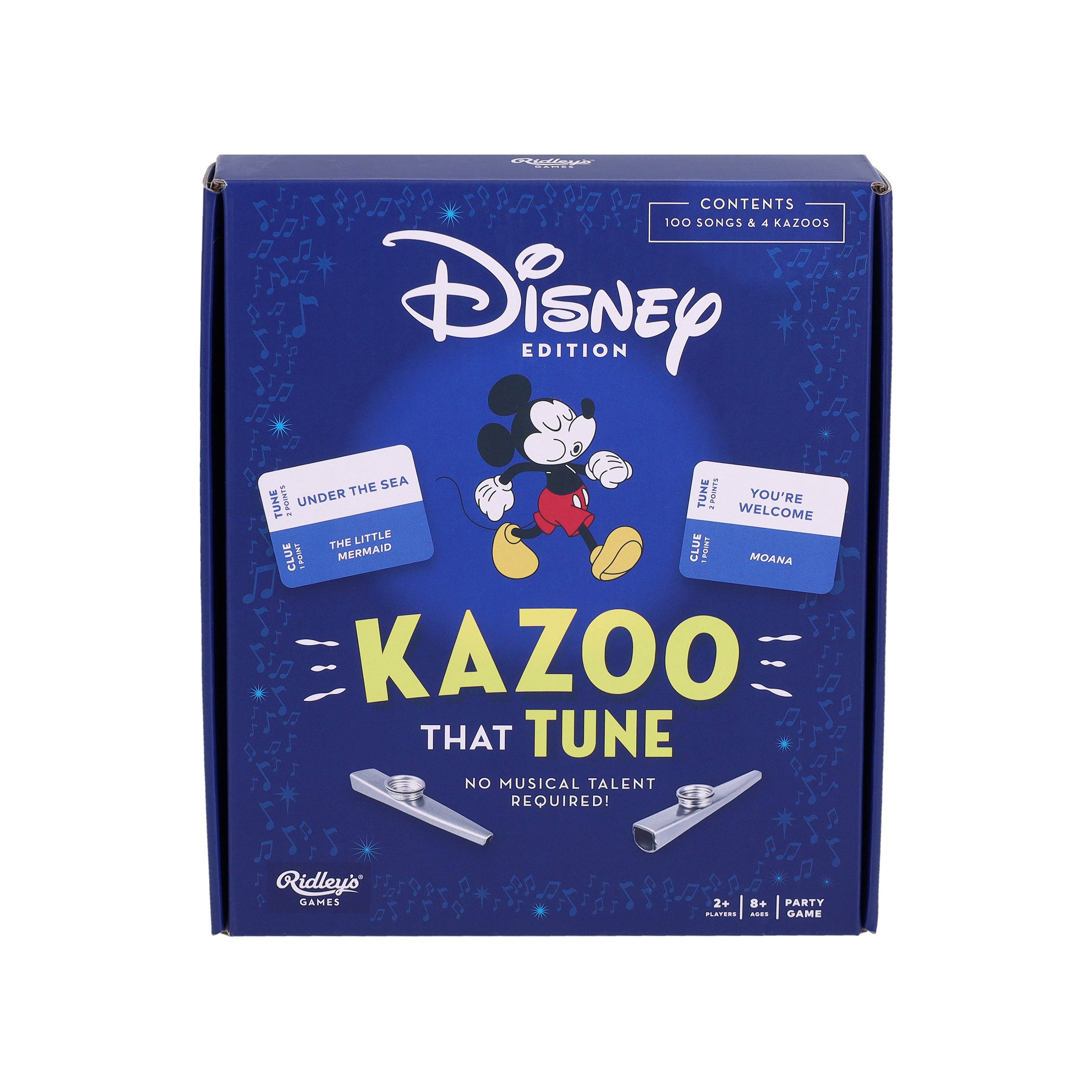 Disney Kazoo That Tune game box with Mickey Mouse, kazoos, and song cards shown.