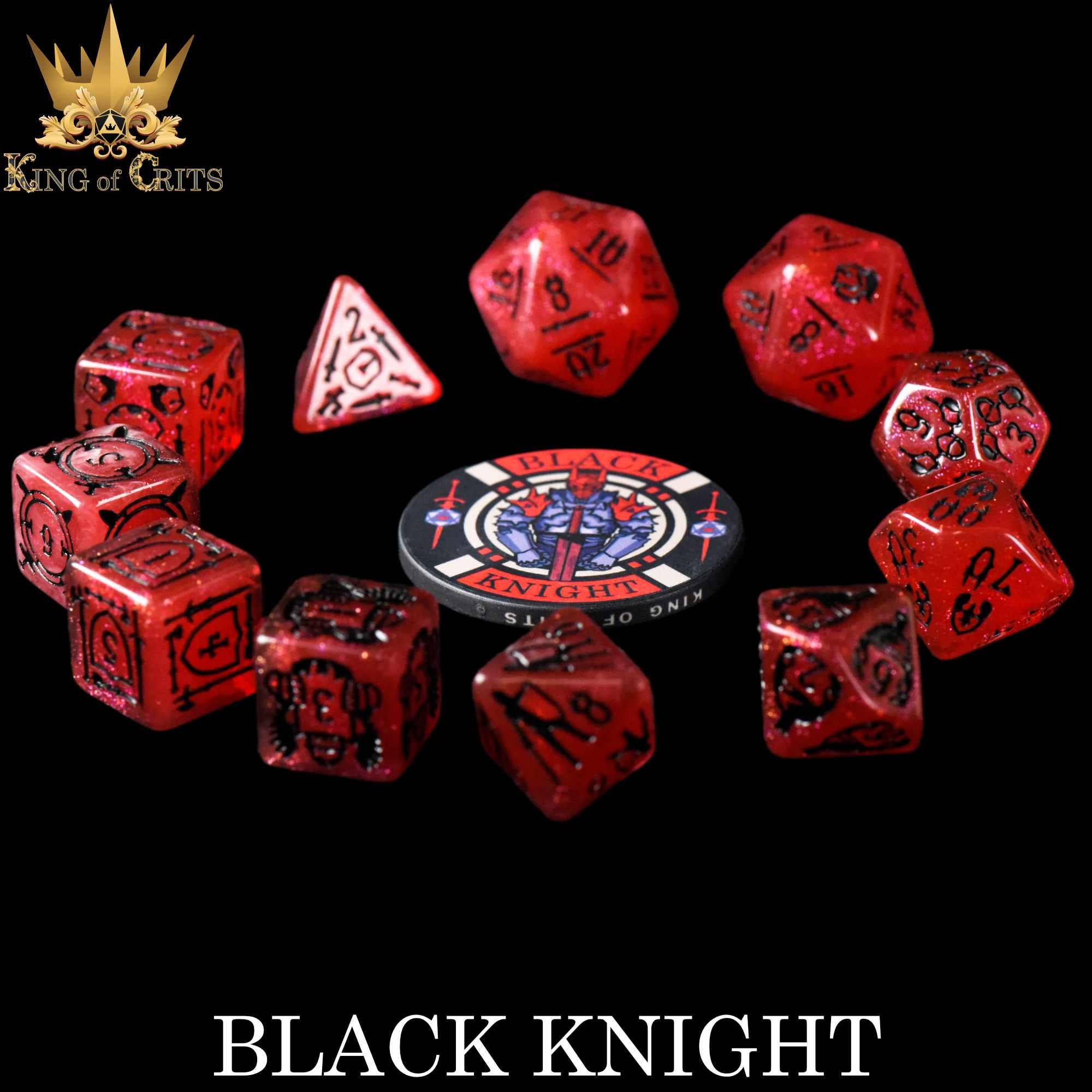 Black Knight 11 Dice Set with red and black dice and a knight coin, on a black background.