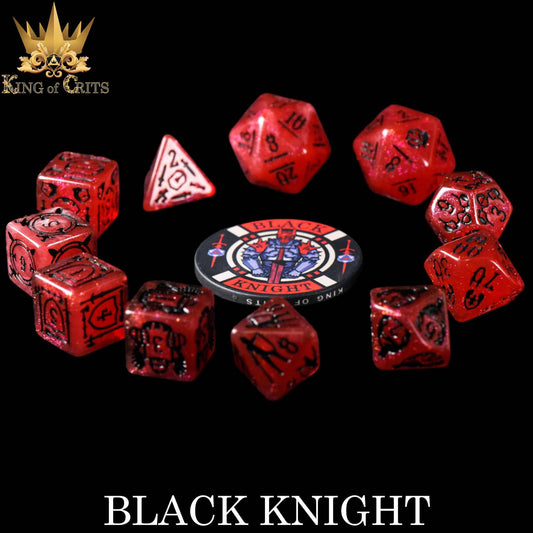 Black Knight 11 Dice Set with red and black dice and a knight coin, on a black background.