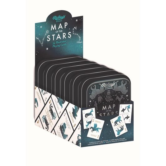Map of the Stars Playing Cards in display box with constellation-themed designs on each card.