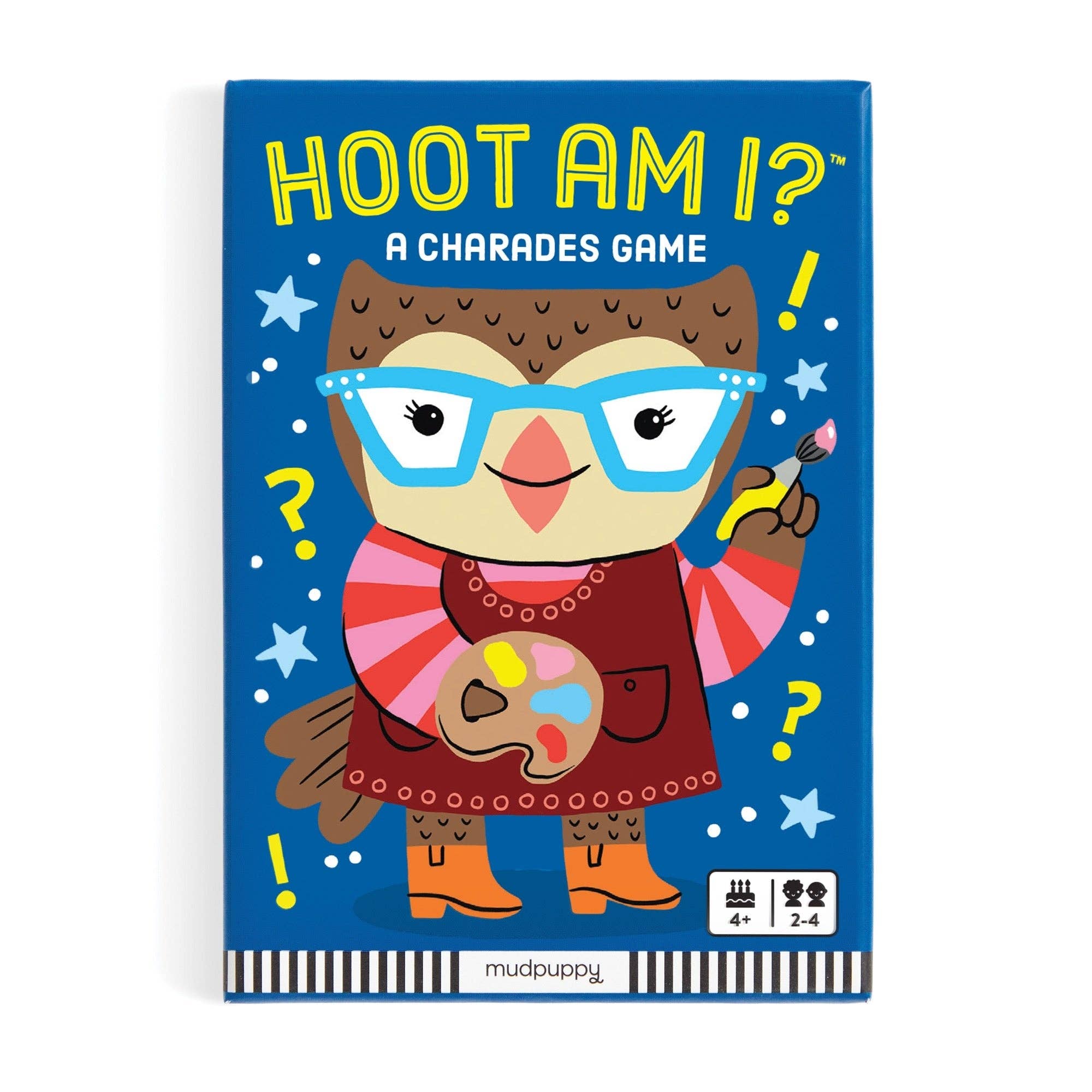 Hoot am I? Charades Card Game in a colorful box featuring an owl holding a paintbrush.