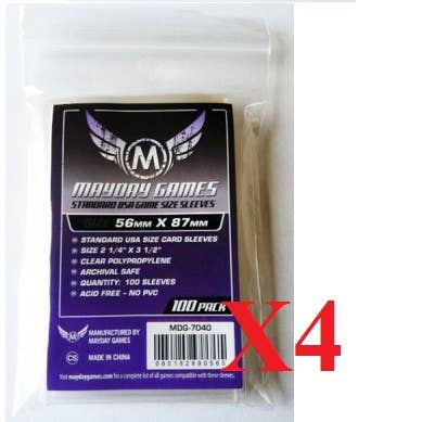Standard USA Game Size Sleeves 56x87mm, 100-pack, with large red X4 overlay.