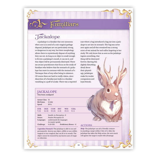 Hexbound: A Witchy Supplement (5e D&D) page featuring Jackalope stats and illustration.
