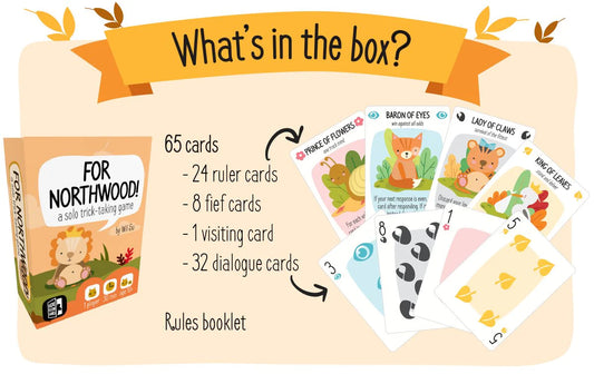 For Northwood solo trick-taking game with box, rulebook, and 65 cards.