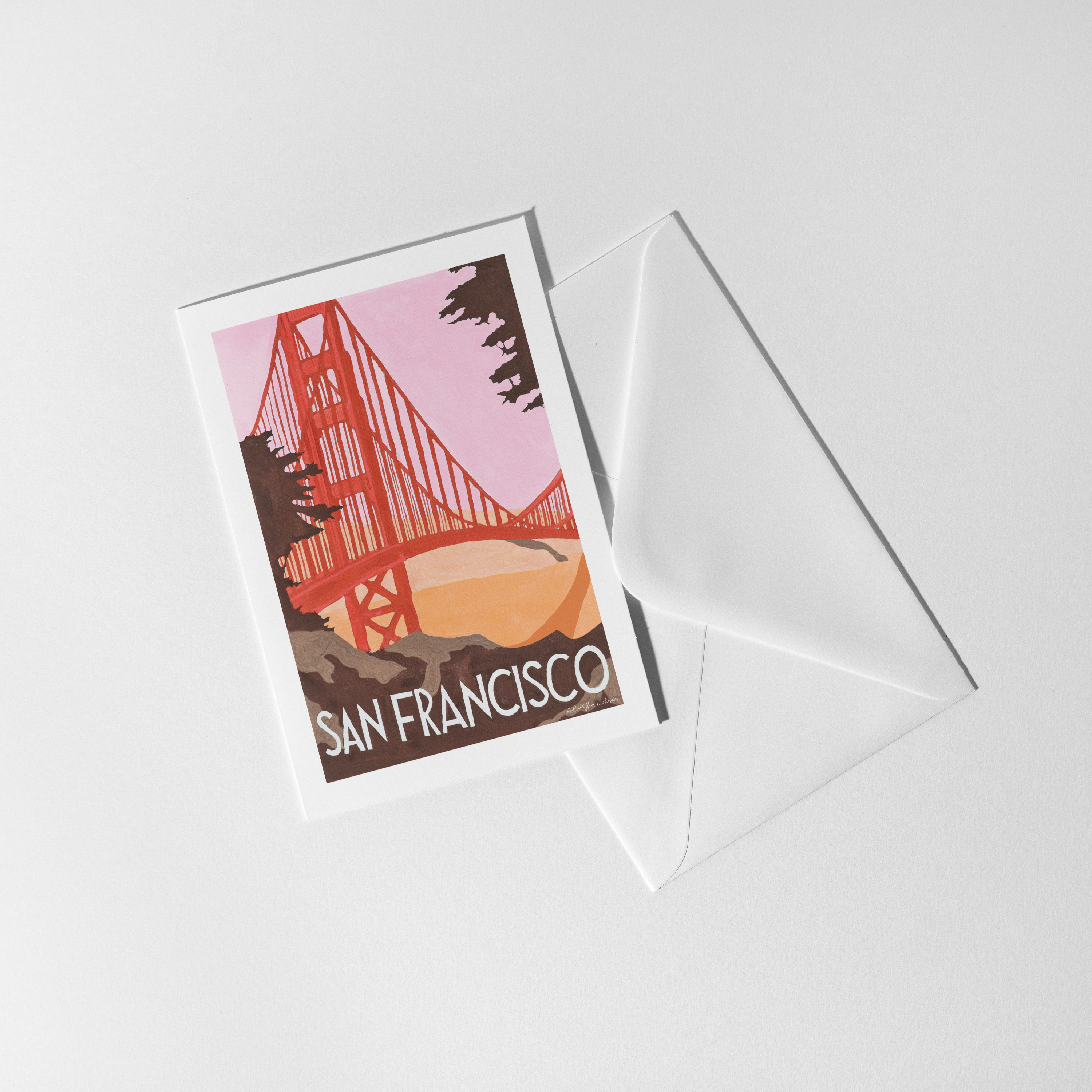 Golden Gate Travel Poster Greeting Card (blank) with white envelope on white surface.
