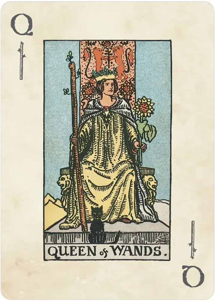 Rider-Waite™ Playing Card Deck, Queen of Wands card showing queen with sunflower, wand, and black cat at her feet.