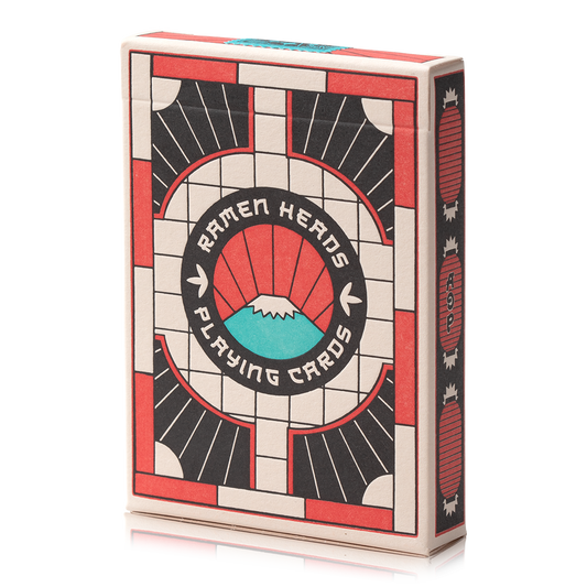 Ramen Heads playing cards in a box with mountain graphic and text.