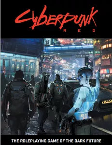 Cyberpunk RED Core Rulebook featuring figures in a neon-lit city led by a blue-hued cyborg.