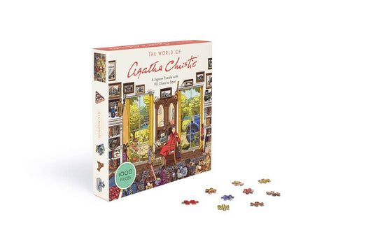 World of Agatha Christie 1000 Piece Puzzle box with puzzle pieces next to it.