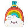 Mini Backpack, Rainbow variant, with rainbow and smiling cloud design, yellow straps, and blue handles.