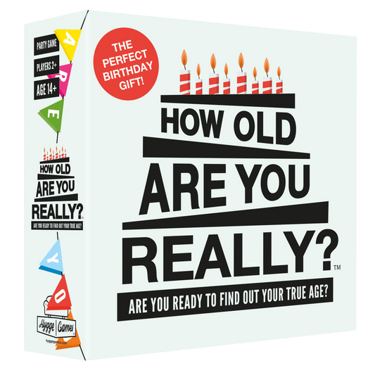 How Old Are You Really? party game with candles and question cards.