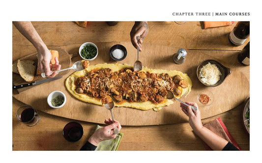 Fantastic Fungi Community Cookbook featured as four people share polenta, stew, and mushrooms.