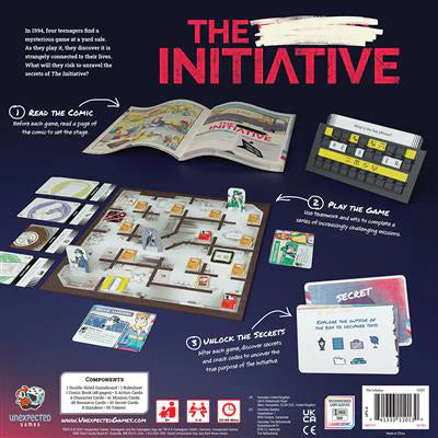 Back of The Initiative box showing codebreaking, game board, cards, pieces, and storytelling instructions.