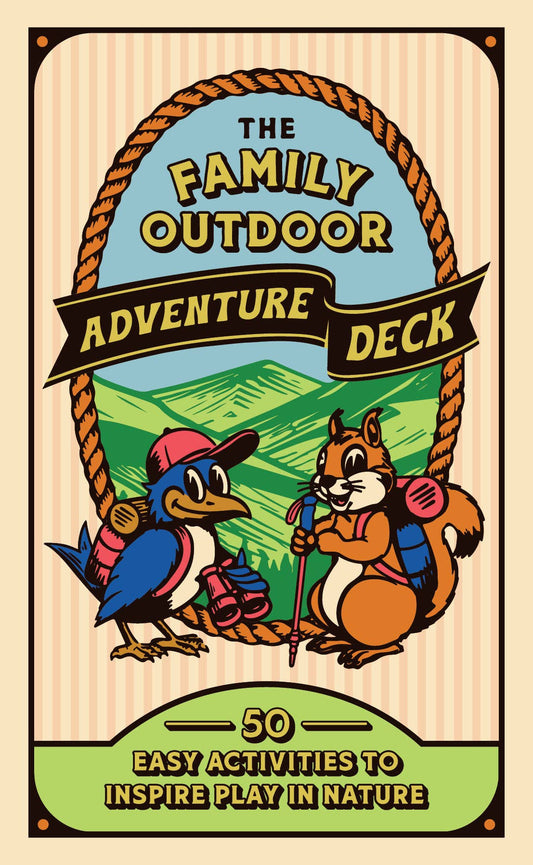 Family Outdoor Adventure Deck activity cards for kids, featuring cartoon bird and chipmunk with backpacks on packaging.