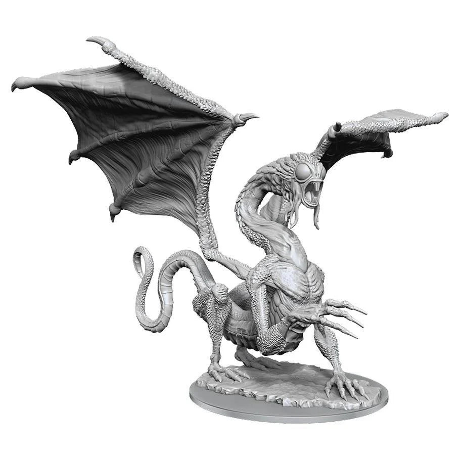 D&D: NMU: Jabberwock W17 gray miniature of a winged, multi-headed dragon on a round base.