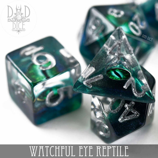 Watchful Eye - Reptile resin dice with a reptile eye design for tabletop gaming.