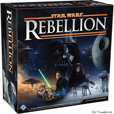 Star Wars Rebellion Board Game box featuring the Galactic Empire, Rebel Alliance, Darth Vader, and the Death Star.