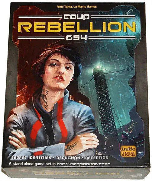 Coup: Rebellion G54 board game box featuring a short-haired person with a futuristic cityscape background.