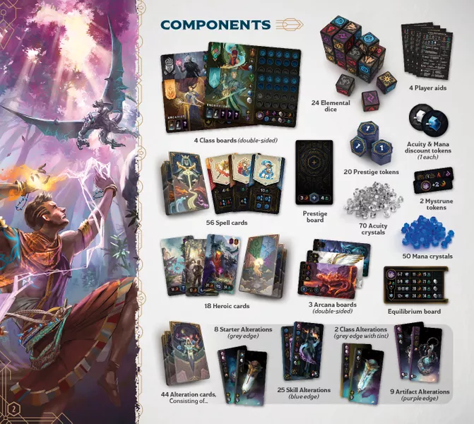 Mercurial card and dice game with tokens, boards, crystals, cards, and fantasy-themed artwork on the left side.