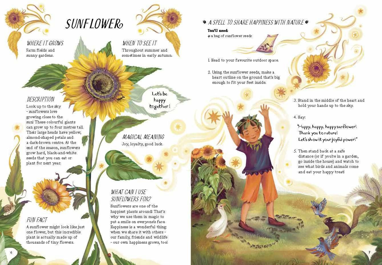 A Guide to Plants for Little Witchlings book featuring illustrated sunflowers, children, birds, and nature activities.