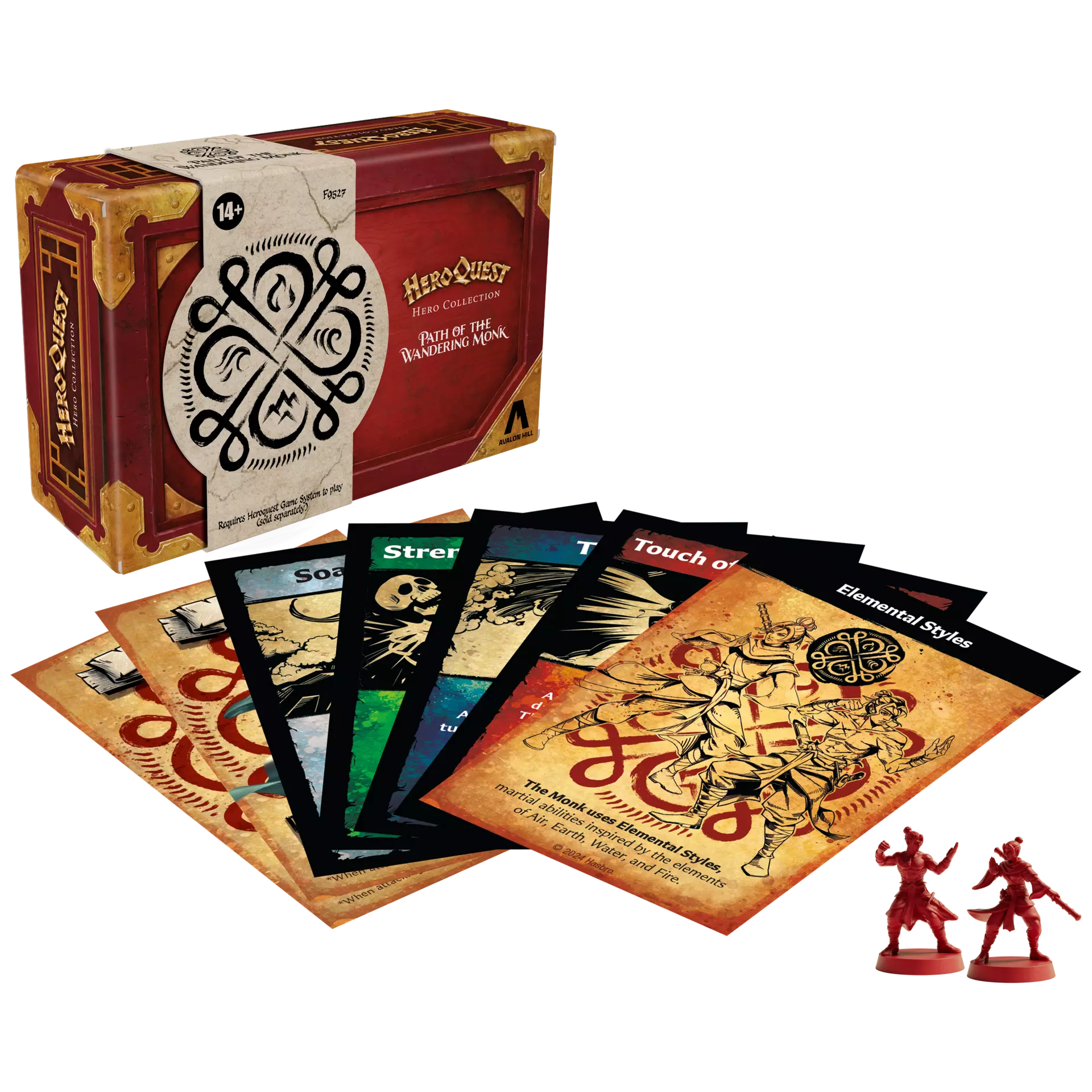 HeroQuest Hero Collection: Path of the Wandering Monk set with six cards and two red warrior miniatures.